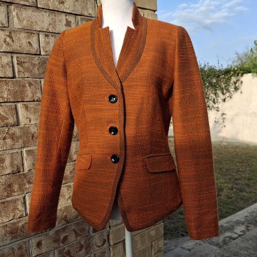 Etcetera Textured Tweed Orange Button-Up Long Sleeve Blazer Women Size 2 - Picture 4 of 16
